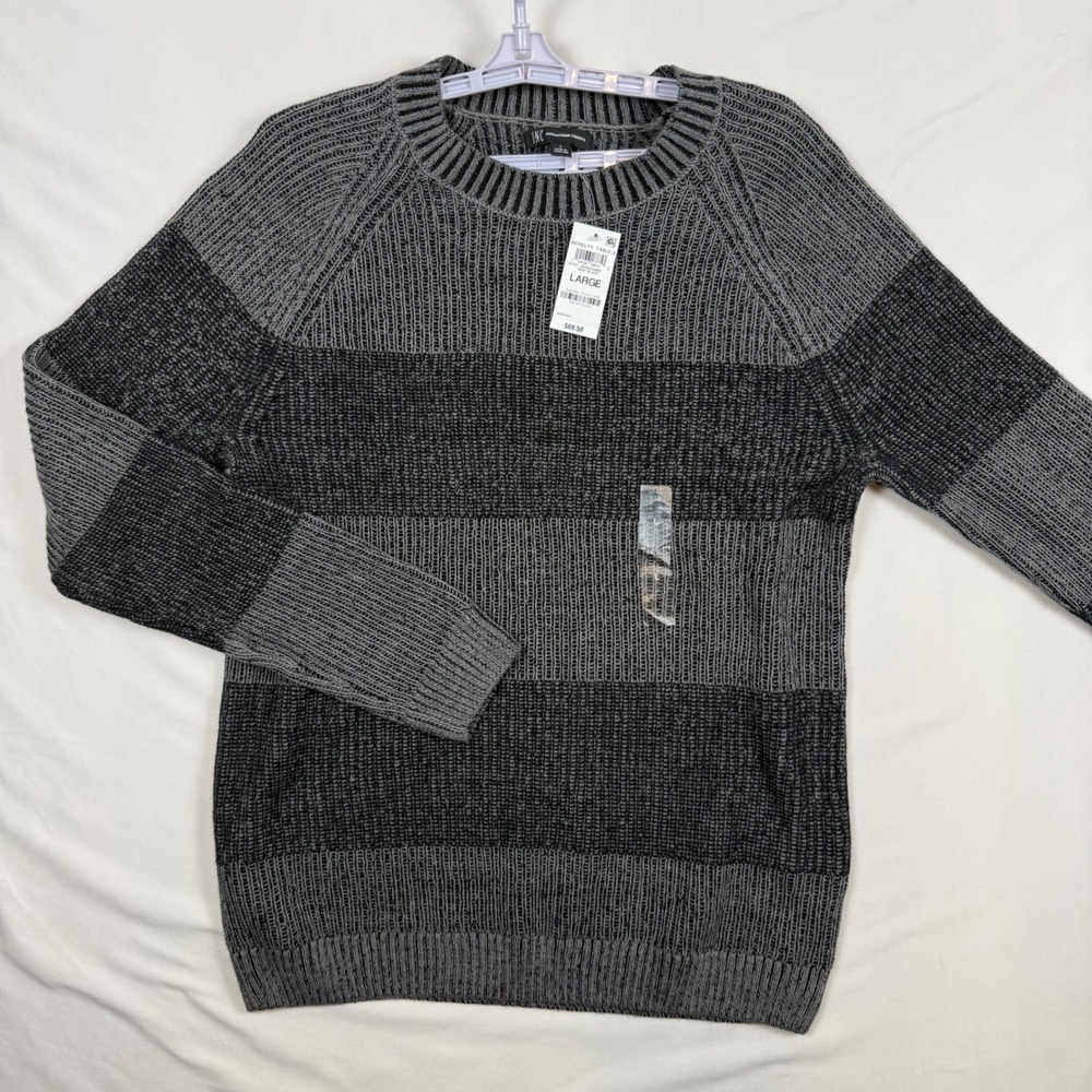 INC International Concepts Mens Large Deep Black Striped Ribbed Knit Sweater NWT